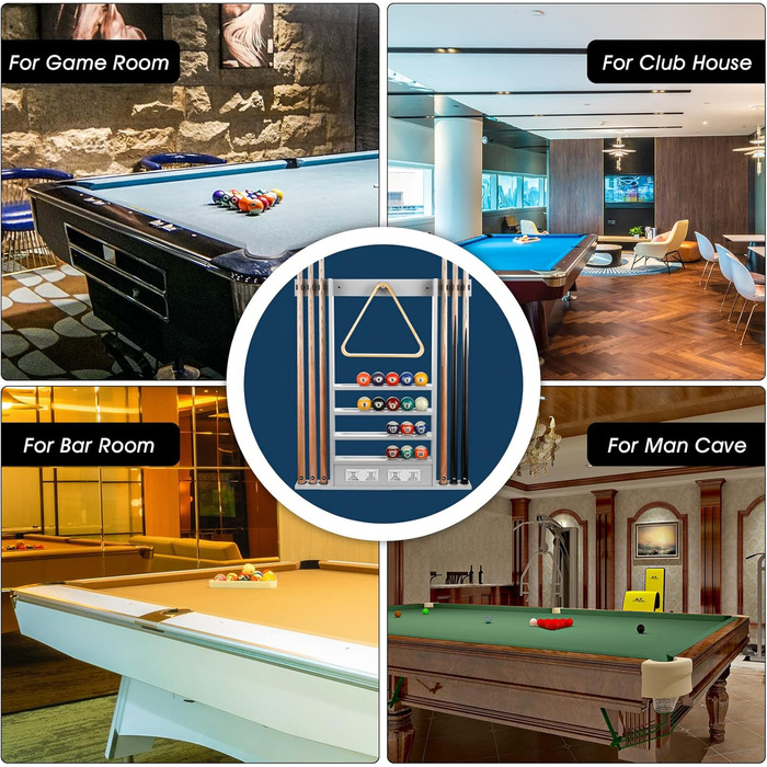 Стенд для більярдних кийків 2-в-1 з лічильником очок, на 6 кийків, повний комплект м'ячів та аксесуарів, з дерева та гуми, сірий, білий