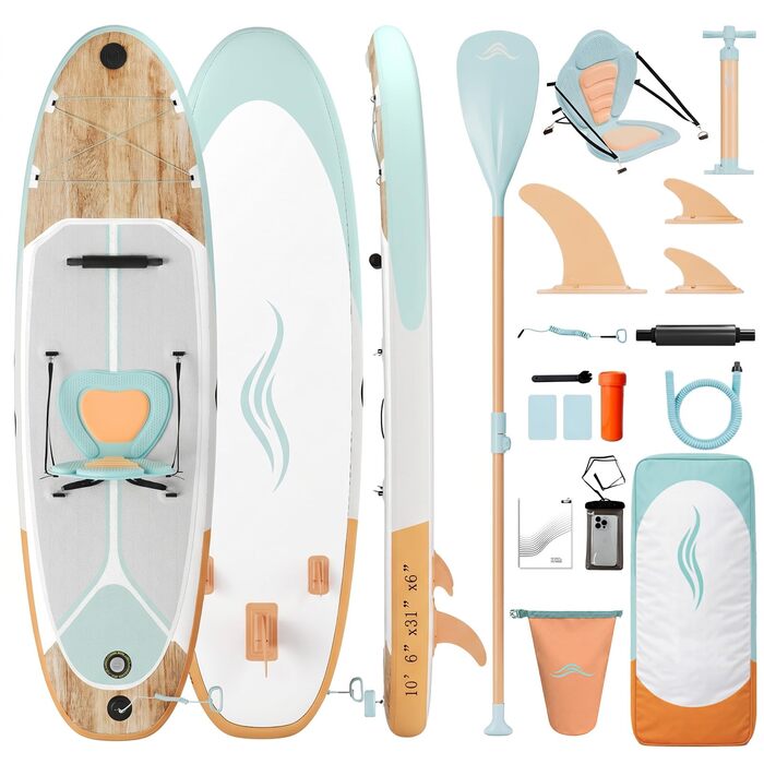 Надувний SUP-борд JUMMICO 320x80x15 см з каяком, веслом та аксесуарами до 160 кг, м'ятний з деревним малюнком