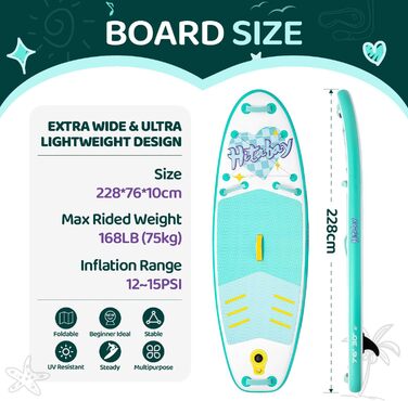 Набір для SUP-бордингу (Stand Up Paddle Board) для підлітків та дітей, надувний, зелений м'ятний, до 120 кг, з повним комплектом аксесуарів