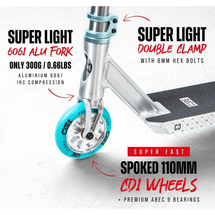 Трюковий самокат CORE Stunt-Scooter 110мм, ABEC 9, для дітей та дорослих (від 5 років), регульована висота 78-96см, сріблясто-бірюзовий + стікер Fantic26