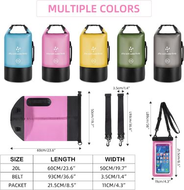 Водонепроникний сухий мішок GES 20 л Roll-Top з кишенею для телефону - для каякінгу, човнів, походів, рафтингу, плавання, кемпінгу та риболовлі (Рожевий)