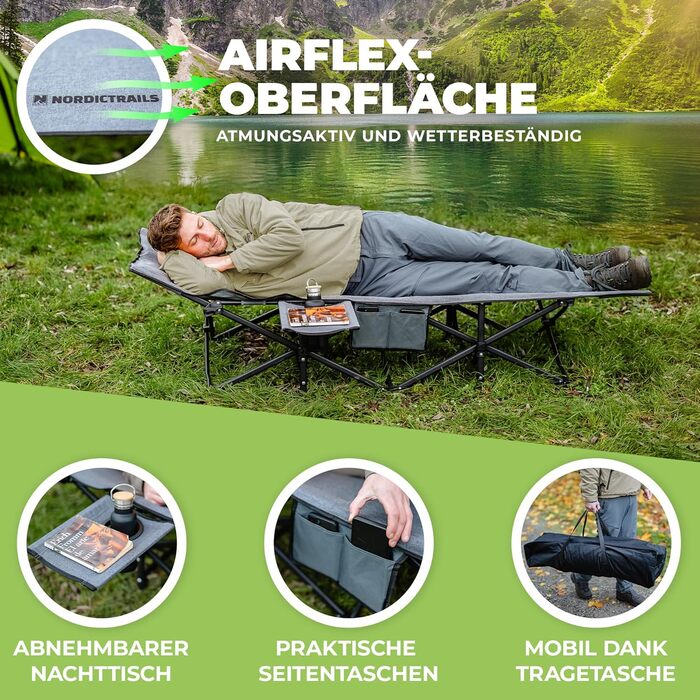 Кемпінгове ліжко NORDICTRAILS - розкладне, XXL, комфортне | Для відпочинку на природі, гостей, риболовлі | Сірий колір, без матраца