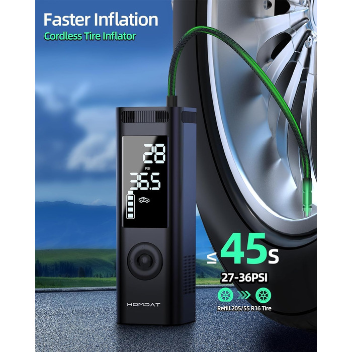 Електричний насос для шин homdat 150PSI, 17800mAh, портативний акумуляторний компресор для автомобільних, велосипедних, мотоциклетних шин та надувних виробів, чорний