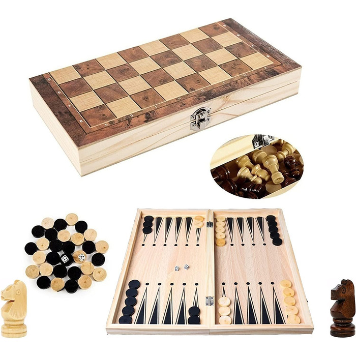 Шаховий набір 3-в-1 – складаний дерев'яний шаховий комплект для подорожей (29*29 см)