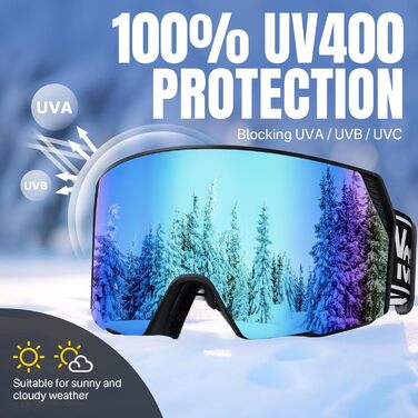 Скі-маска OTG для носіння з окулярами, Магнітна скі-маска для сноуборду з антизапітніюючим покриттям та 100% захистом від УФ-променів, скі-маска для чоловіків та жінок для катання на лижах та зимових видів спорту, блакитне скло