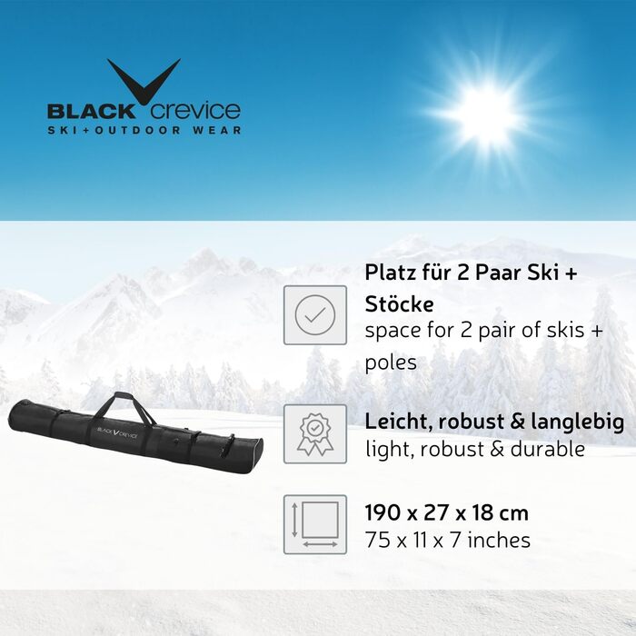 Чохол для лиж Black Crevice на коліщатках для 2 пар лиж і палиць, чорний/сріблястий, поліестер, двостороння блискавка, з ручками для перенесення, для чоловіків і жінок
