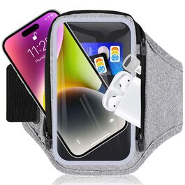 Спортивний браслет для телефону з кишенею для навушників, чохол для телефону для бігу 6.9 дюймів, кріплення на руку для iPhone 17 16 15, спортивний браслет, знімний тримач для телефону, для джоггінгу (світло-сірий)