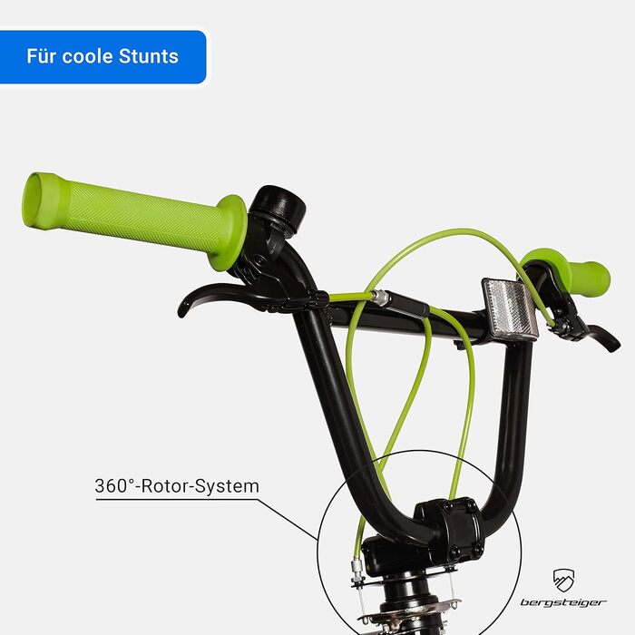 Bergsteiger Halifax BMX 20 дюймів, фетбайк, 360° ротор, фрістайл, 2 сталеві підніжки, захист ланцюга, фрівіл, зелено-чорний