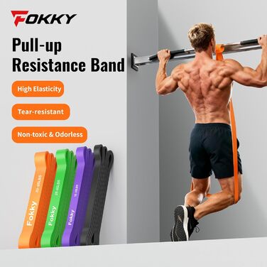 Набір еластичних стрічок Fokky для фітнесу, 4 рівні, з дверним кріпленням та захисними подушечками, для силових тренувань, чорний, фіолетовий, зелений, помаранчевий