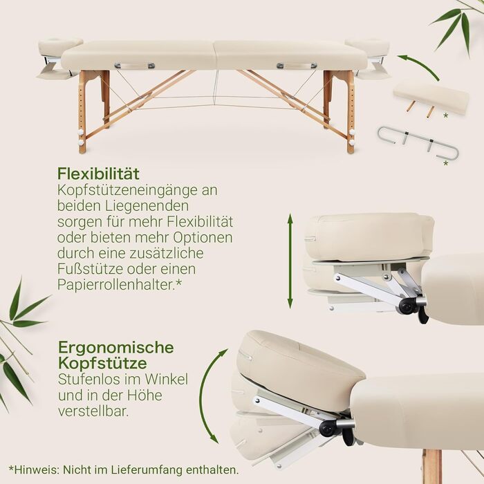 Масажний стіл Zen з круглими кутами, складний та регульований по висоті - професійний масажний стіл з цільного дерева з регульованою спинкою, підголівником, підлокітниками та кишенею (кремовий)