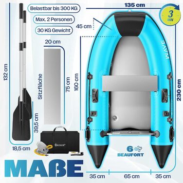 Надувний човен KESSER Wave 230-320 см (6 елементів): човен, лавка, насос, весла, ремкомплект, сумка. Можливість встановлення мотора, для солоної води.