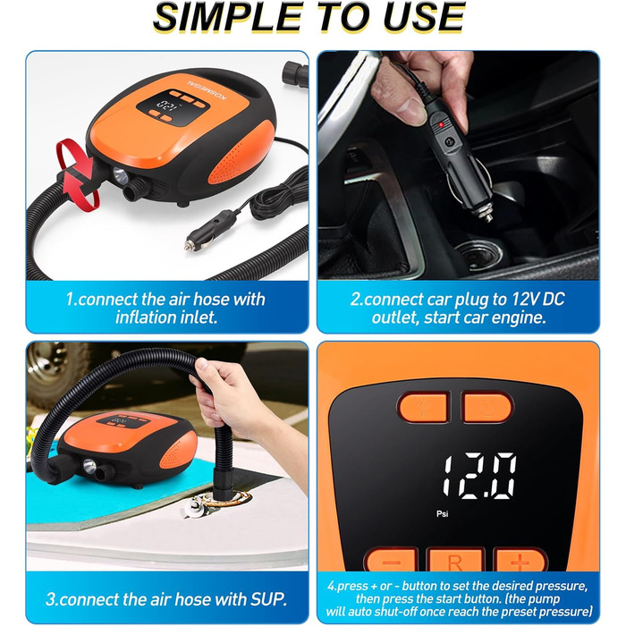 Електричний насос для SUP дошки, 20PSI, портативний, з автовимкненням та здуванням, 12V DC, для SUP, каяків, човнів, помаранчевий