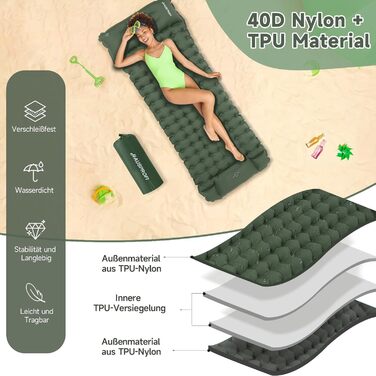 Килимок туристичний самонадувний HAUSPROFI, Ultraleicht, для кемпінгу, з помпою та подушкою, армійний камуфляж