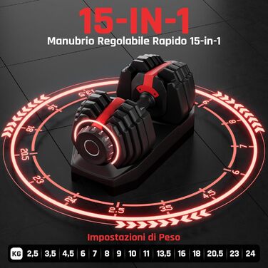 Регульована гантель Yaheetech, 15 рівнів, сталь, 2.5 – 24 кг, швидке налаштування, подвійне блокування, неслизька, для спортзалу, дому, офісу