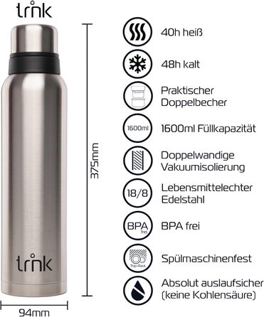 Термос trnk Outdoor polar 2, 1600 мл, нерж. сталь, BPA-free, тримає тепло 40 год, 2 чашки, для походів, стійкий до миття в посудомийці, сріблястий