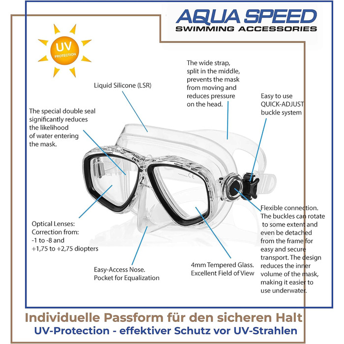 Плавальна маска Aqua Speed OPTIC PRO 11 з корекцією зору – оптичні та звичайні лінзи для підводного плавання