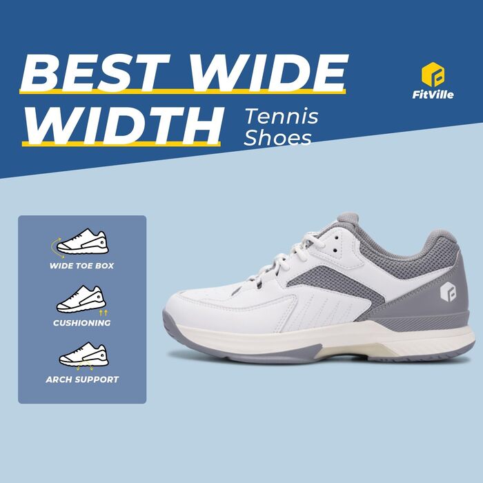 Тенісні кросівки FitVille для чоловіків (широкі) - білі/сірі. Дыхаючі кросівки для тенісу, бадмінтону, залу, фітнесу. 46 EU (широкі)
