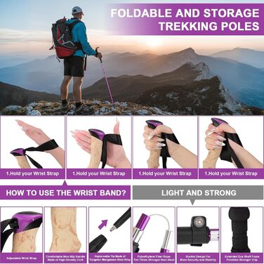 Телескопічні палиці для скандинавської ходьби та трекінгу, складані алюмінієві палиці для ходьби 115-135 см з гумовими наконечниками, унісекс