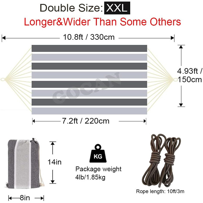 Гаммак GOCAN XXL для 2 осіб, 220x150 см, 330 см, 300 кг, бавовна, для відпочинку на вулиці та в приміщенні, сірий смугастий гамак