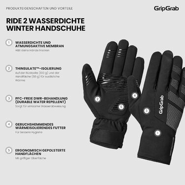 Фahrradhandschuhe GripGrab: Водонепроникні зимові велосипедні рукавички, тепла та вітронепроникна термопара, чорний (XS)