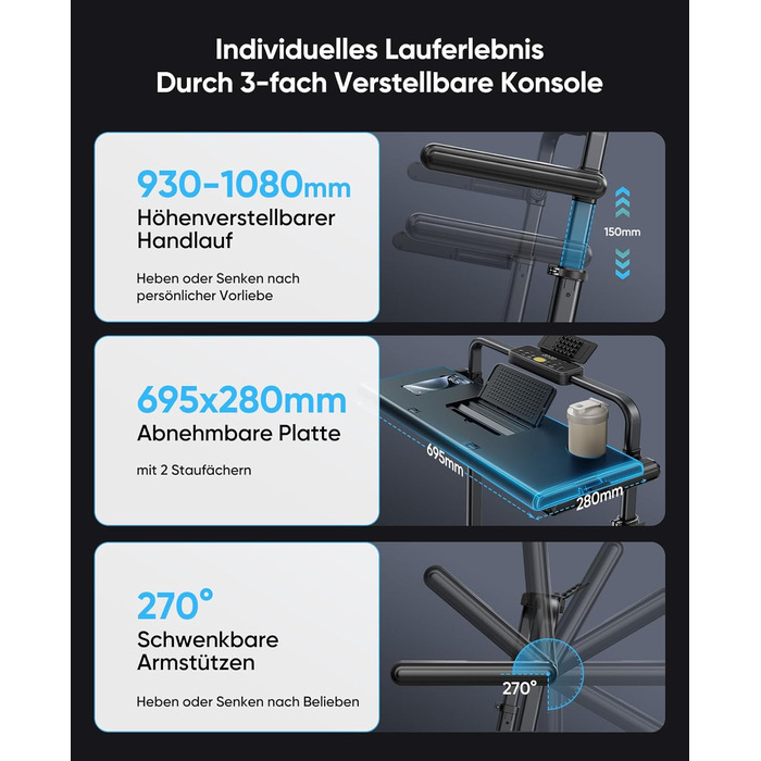 Складне бігове полотно 6-в-1 для дому, складане з регульованим столом, потужність 3.0HP, нахил до 12%, швидкість 12 км/год, Walking Pad з телескопічним підйомником 15 см та RGB-підсвіткою, максимальне навантаження 150 кг, чорно-блакитний колір