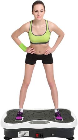 Вібраційна платформа для фітнесу з LCD-дисплеєм, пультом дистанційного керування, еластичними стрічками та Bluetooth-динаміком (чорний/білий)