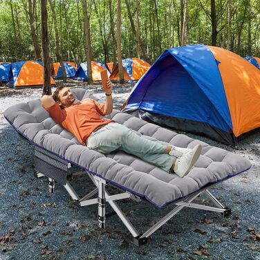 Розкладне ліжко-крісло для кемпінгу з матрацом, сірою. Висока вантажопідйомність, з бічною кишенею, для відпочинку на природі та вдома.