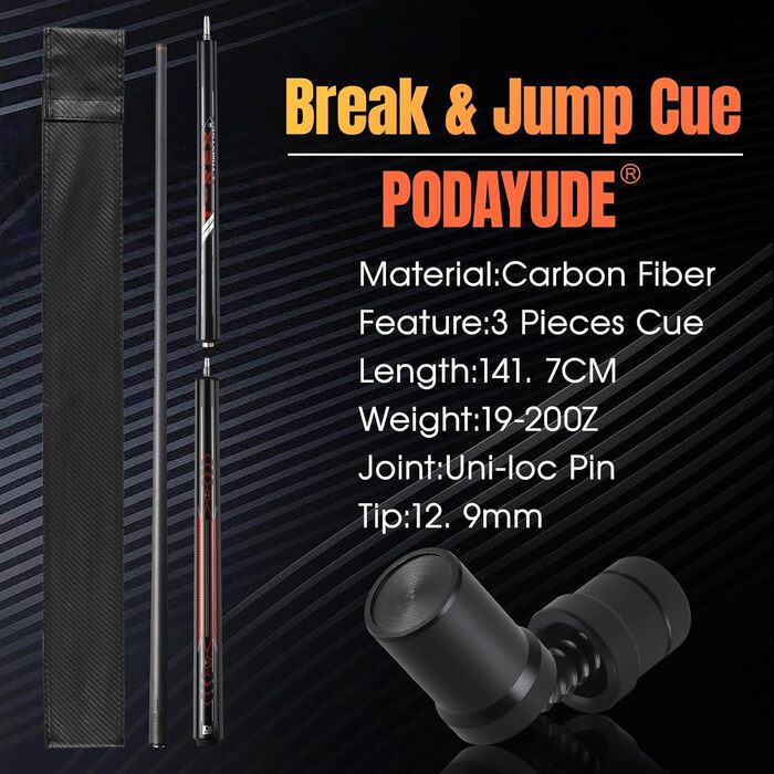 PODAYUDE Біліардний кий 'Маленький монстр' з карбону, 3 частини - кий для брейка та джампа, 12.9 мм наконечник, сумка з PU шкіри