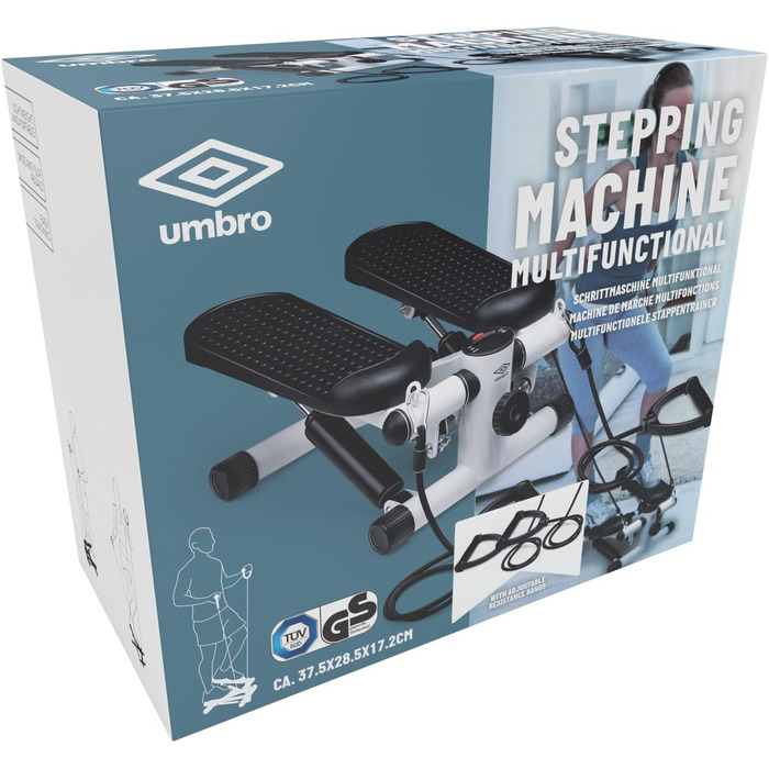 Міні-степпер Umbro Stepper для рук і ніг, фітнес-тренажер для дому з комп'ютером і еспандерами, макс. 100 кг, педалі 10×32 см, чорний/білий