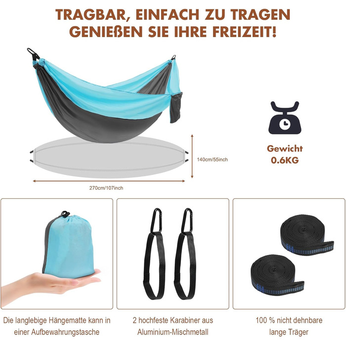 Гамак для кемпінгу на 2 особи, 275x140 см, Bragportable, до 300 кг, з сумкою, для саду, балкону, відпочинку на природі, блакитний/зелений