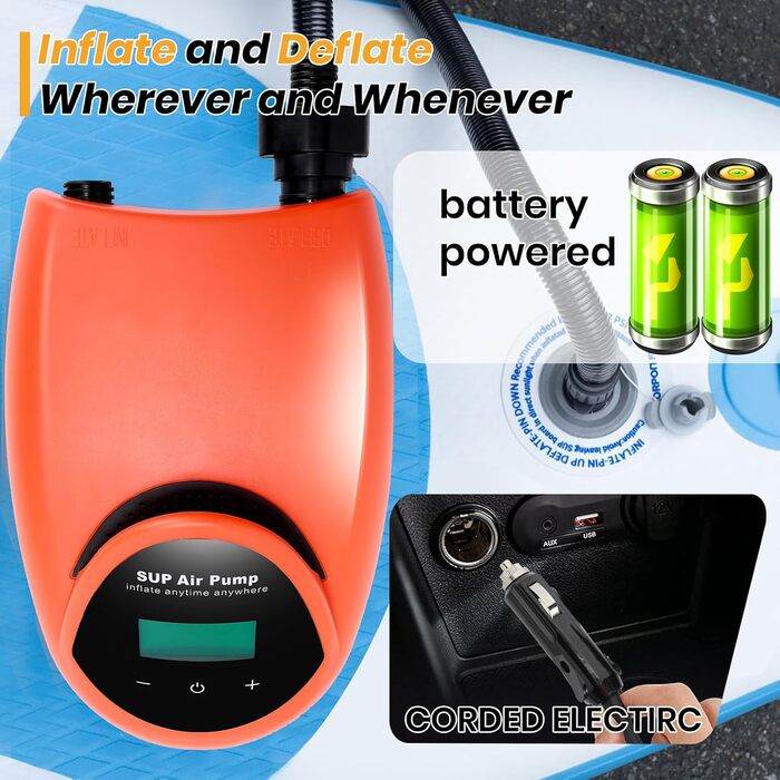 Електричний насос для SUP дошки з акумулятором TONSIM, 20PSI, LCD-дисплей, автоматичне вимкнення, для SUP, каяків, наметів, човнів та повітряних матраців, помаранчевий