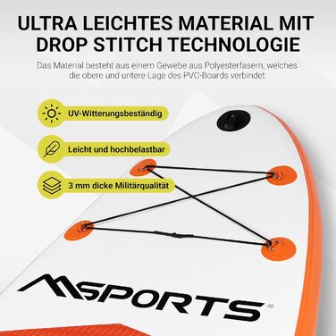 Надувна SUP-дошка MSPORTS з аксесуарами: регульоване весло, насос, 2 веслові стрижні, водонепроникний чохол для смартфона, багатофункціональна сумка, помаранчева