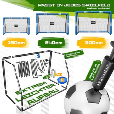 Ворота для футболу KESSER® для саду, 240 см, міцні, для тренувань, з UV-стійким сіткою, сталевий каркас з підкладкою, фіксатори для землі, насос, конуси, аксесуари для монтажу, для дітей та дорослих, блакитні