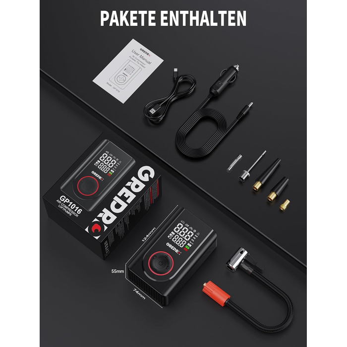 Електричний компресор GREPRO для авто, мото, велосипеда та м'ячів, 150 PSI, акумулятор 5000mAh, LED-ліхтар, цифровий манометр