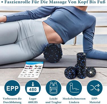 Набір масажних роликів для м'язів та фасцій (Foam Roller Set): великий ролик, міні-ролик та дуо-бол для йоги та відновлення, синій