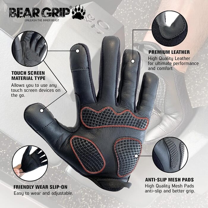 Рукавички для важкої атлетики BEAR GRIP з гелевими накладками (чорні, M) для фітнесу, бодібілдингу, кросфіту, велоспорту