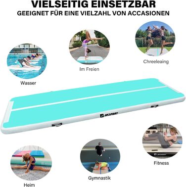 AKSPORT Килимок для гімнастики та акробатики з повітряною подушкою, 3/4/5/6 м, 10/20 см заввишки, 300x100x10 см, м'ятно-зелений