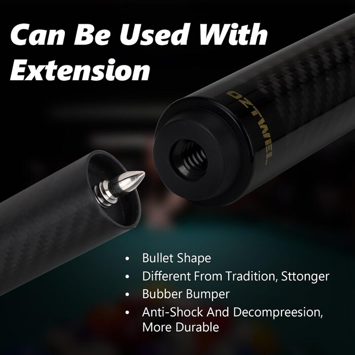 Професійний кий для більярду з карбону, 12.4 мм, 8-шарова вершина, низька відсікання, для дорослих, з професійним конусом, 3/8 x 8, чорний