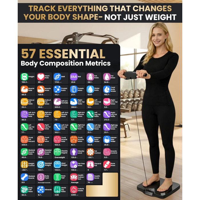 Розумні ваги Homerz Smart Scale Pro: біометричний аналізатор складу тіла з WiFi та Bluetooth, вимірювання ІМТ, жиру та м'язів, чорний, Large