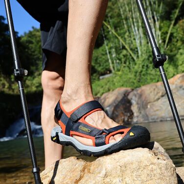 Чоловічі сандалі для пляжу, гір та трекінгу з текстильними ремінцями, водонепроникні, темно-сірі з помаранчевим, 47 EU