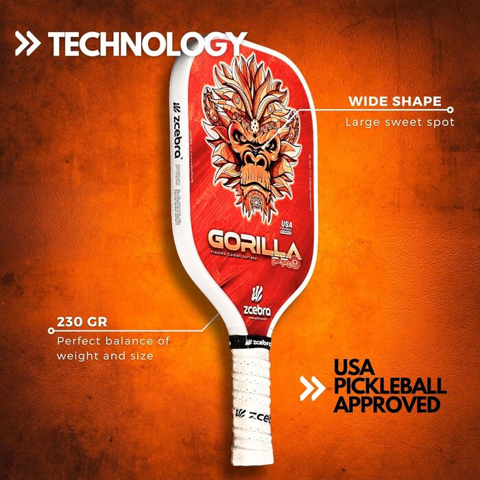 Піклбол ракетка ZCEBRA Gorilla Pro Orange, графіт-карбон, 16 мм, поліпропілен, текстурована, з чохлом