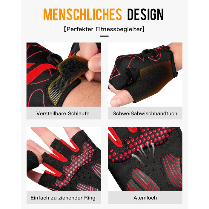 Велосипедні рукавички ATERCEL напівпальці для чоловіків - рукавички для велоспорту TB з SBR-подушками для їзди на велосипеді, фітнесу (Червоний, M)