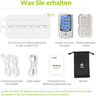 Пристрій TENS EMS AUVON: 2 канали, 24 режими, 12 електродів для зняття болю та масажу спини та шиї
