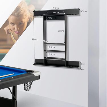 Підставка для більярних київ COSTWAY на стіну, для 8 київ, 15 куль та підставки для куль, з натурального дерева (чорна)