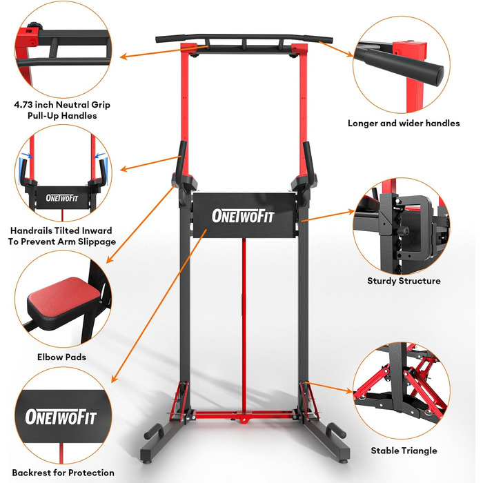 ONETWOFIT Power Tower - Станція для віджимань для дому, регульована висота, 270 кг, BLACK-1