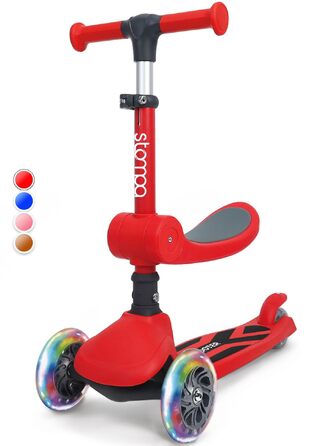 Дитячий самокат-триколісник 2 в 1 Stompa Roller для дітей від 2 років до 50 кг, з LED-колесами, складаним сидінням та регулюванням висоти (Червоний)