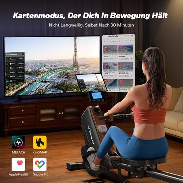 Гребний тренажер MERACH для дому, складаний, з магнітним приводом, тихий, з додатком, подовжені направляючі рейки, електричне регулювання (Plug-in)