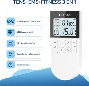 Пристрій TENS EMS Liorque для терапії болю: 3-в-1, 50 режимів, 10 електродів, стимуляція м'язів для рук, ніг, спини, плечей (білий)