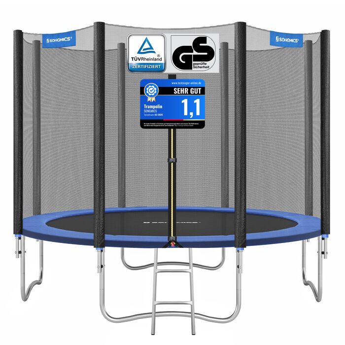 Батут SONGMICS Outdoor Ø 183/244/305/366/427 см, круглий, для саду, з захисним покриттям, сіткою, сходами та м'якими стійками. Кольори: блакитний