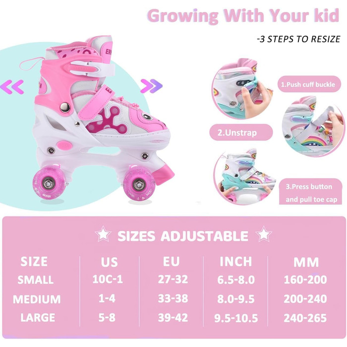 Роликові ковзани для дітей та дорослих ERAN з LED підсвічуванням. Комфортні ролики для початківців та підлітків. Ідеальний подарунок на Різдво та день народження (рожевий, розмір S)